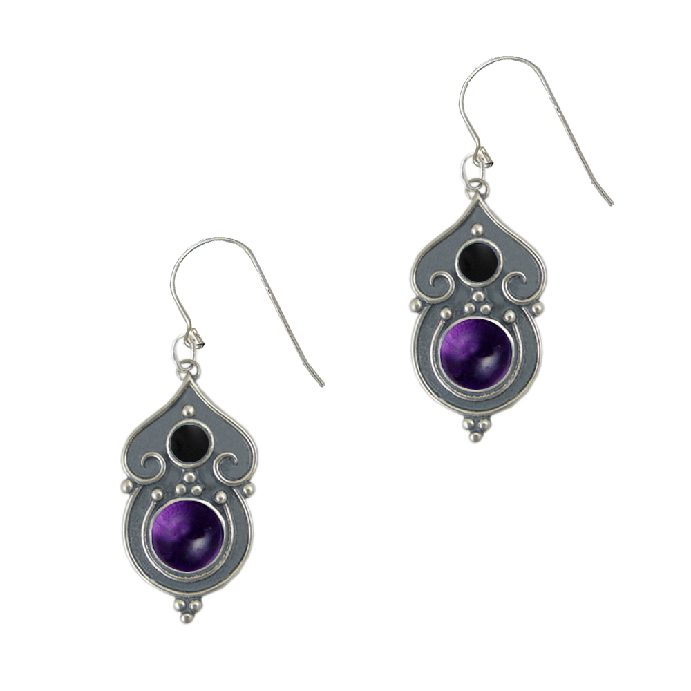 Sterling Silver Gothic Inspired Drop Dangle Earrings With Amethyst And Black Onyx